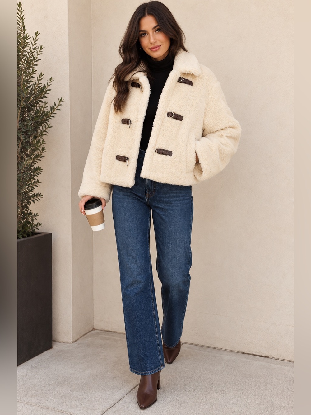 French Connection Cream Sherpa Teddy Toggle Jacket Coat M NWOT